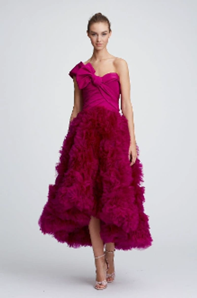 Shop Marchesa Resort 2018-19  Couture One Shoulder Fit And Flare Midi Tea Dress Gown In Fuchsia