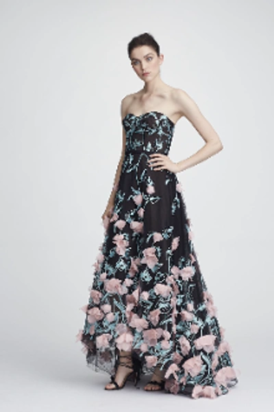 Shop Marchesa Notte Strapless Embroidered Hi Lo Gown In Black