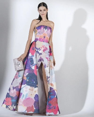 Shop Saiid Kobeisy Sk By  Strapless Brocade Gown W/ Overskirt In Multicolored White