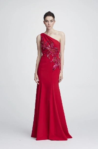 Shop Marchesa Notte One Shoulder Stretch Crepe Gown In Red