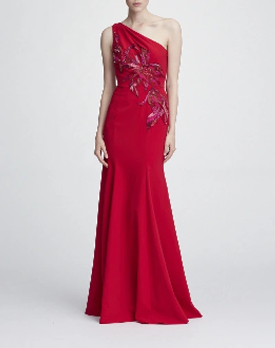 Shop Marchesa Notte One Shoulder Stretch Crepe Gown In Red