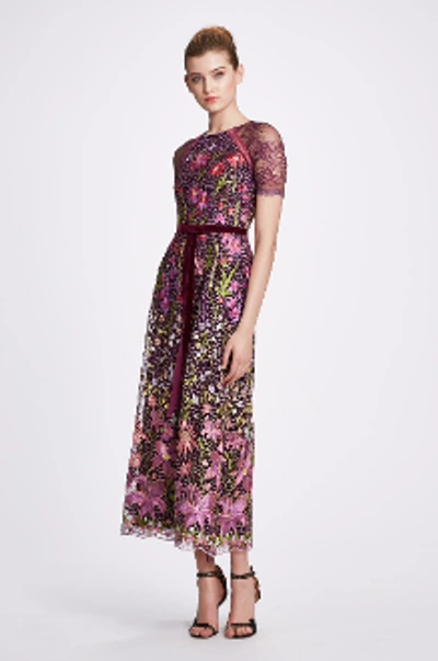 Shop Marchesa Notte Short Sleeve Embroidered Guipure Midi-tea Dress In Wine