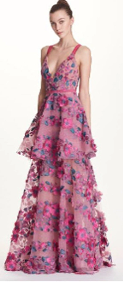 Shop Marchesa Notte Sleeveless Floral Embroidered Tiered Gown In Pink