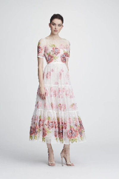 Shop Marchesa Notte Floral Short Sleeve Midi-tea Dress