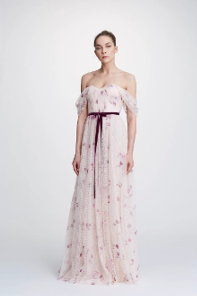 Shop Marchesa Notte Embroidered Off Shoulder Tulle Gown