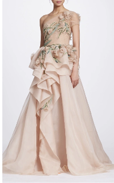 Shop Marchesa One Shoulder Floral Blush Ball Gown