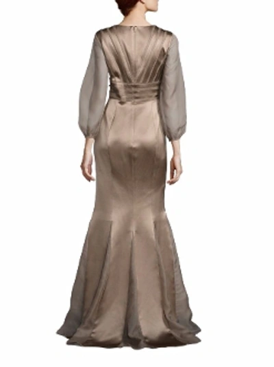 Shop Kay Unger Sheer Sleeve Satin Mermaid Gown In Latte