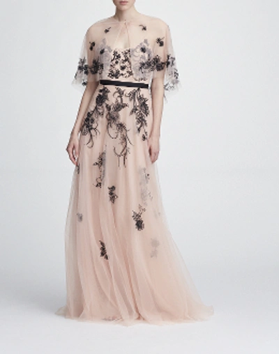Shop Marchesa Notte Sleeveless Embroidered Tulle Gown W/ Beaded Capelet