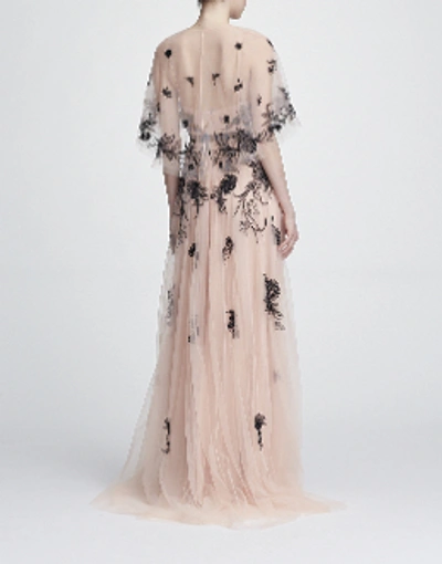Shop Marchesa Notte Sleeveless Embroidered Tulle Gown W/ Beaded Capelet