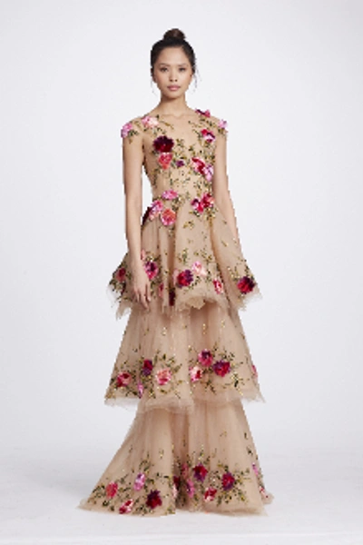 Shop Marchesa Fall 2018  Couture Nude Illusion Tulle Floral Embroidered Gown