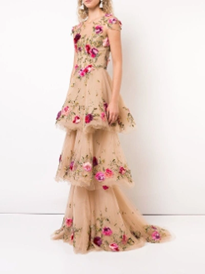 Shop Marchesa Fall 2018  Couture Nude Illusion Tulle Floral Embroidered Gown