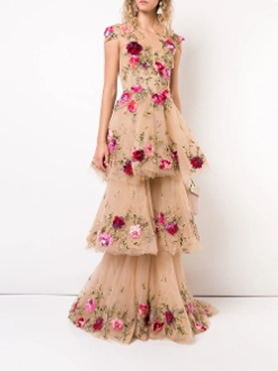 Shop Marchesa Fall 2018  Couture Nude Illusion Tulle Floral Embroidered Gown