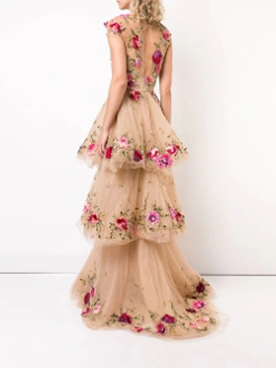 Shop Marchesa Fall 2018  Couture Nude Illusion Tulle Floral Embroidered Gown