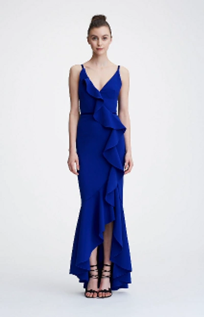 Shop Marchesa Notte Sleeveless V Neck Crepe High_low Gown N26g0715 In Royal Blue