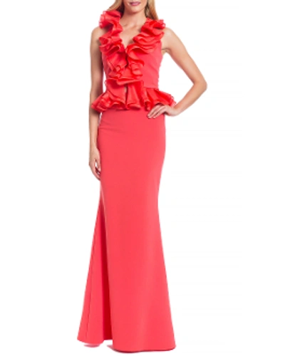 Shop Badgley Mischka Sleeveless Ruffled Evening Gown In Coral