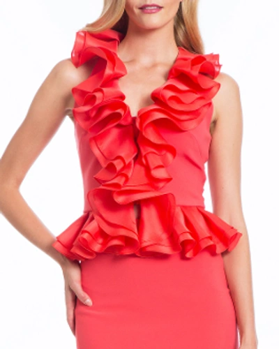 Shop Badgley Mischka Sleeveless Ruffled Evening Gown In Coral