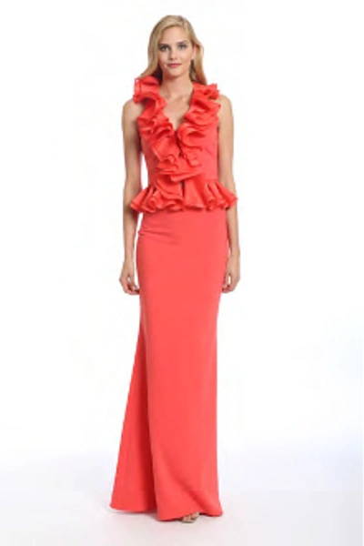 Shop Badgley Mischka Sleeveless Ruffled Evening Gown In Coral