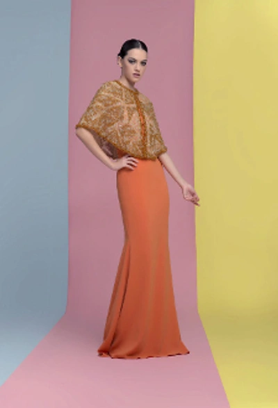 Shop Isabel Sanchis 2-piece Bastiani Evening Gown W/ Cape In Orange