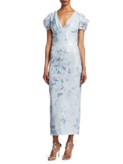 Shop Marchesa Notte Printed Sequin Midi-tea Dress