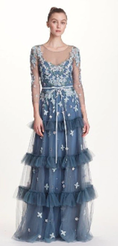 Shop Marchesa Notte Blue ¾ Sleeve Tulle Evening Gown N23g0578 In Light Blue