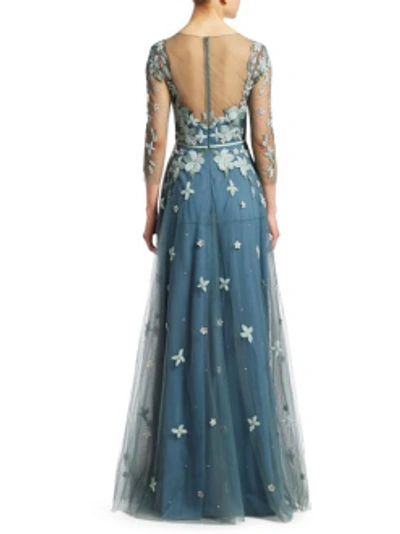 Shop Marchesa Notte Blue ¾ Sleeve Tulle Evening Gown N23g0578 In Light Blue