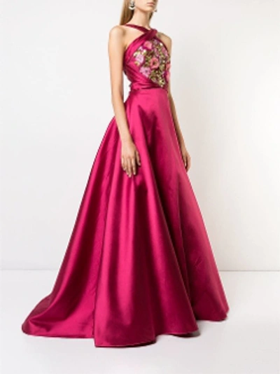 Shop Marchesa Notte Fall/winter 2018  Sleeveless Embroidered Mikado Ball Gown In Fuchsia