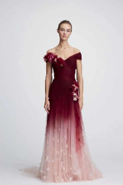Shop Marchesa Couture Sleeveless Floral Tulle Gown W/ Caplet M21807c In Bordeaux