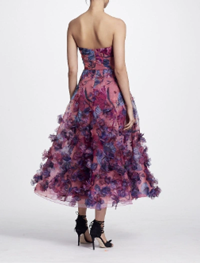 Shop Marchesa Notte Strapless 3d Floral Embroidered Midi_tea Dress N24g0661 In Berry