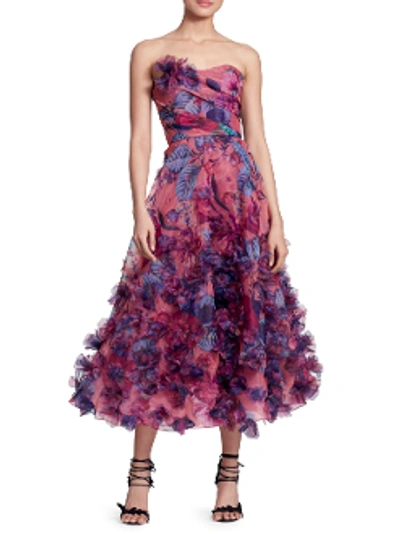 Shop Marchesa Notte Strapless 3d Floral Embroidered Midi_tea Dress N24g0661 In Berry