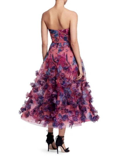 Shop Marchesa Notte Strapless 3d Floral Embroidered Midi_tea Dress N24g0661 In Berry