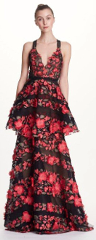 Shop Marchesa Notte Sleeveless Floral Embroidered Tiered Gown In Black/red