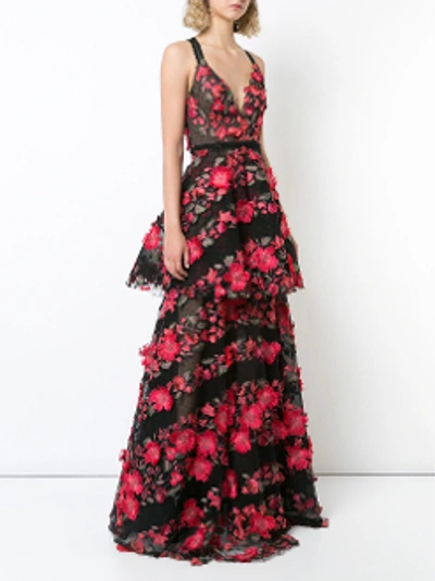 Shop Marchesa Notte Sleeveless Floral Embroidered Tiered Gown In Black/red