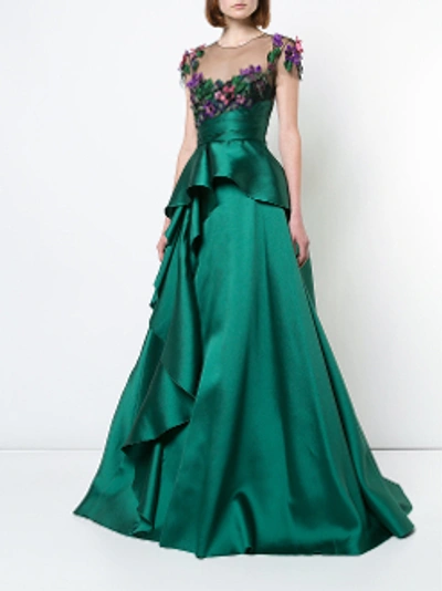 Shop Marchesa Notte Green 3d Floral Embroidered Mikado Ball Gown N23g0597 In Emerald Green