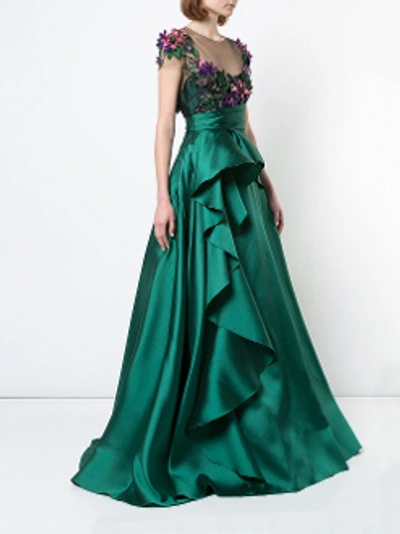 Shop Marchesa Notte Green 3d Floral Embroidered Mikado Ball Gown N23g0597 In Emerald Green