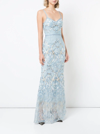 Shop Marchesa Notte Blue Sleeveless Embroidered Corset Gown In Light Blue