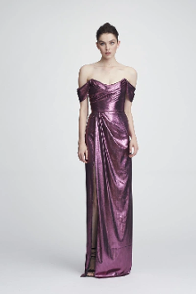 Shop Marchesa Notte Off The Shoulder Lame Gown In Lilac