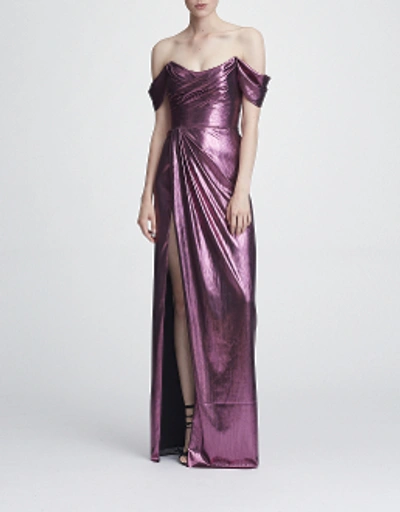 Shop Marchesa Notte Off The Shoulder Lame Gown In Lilac