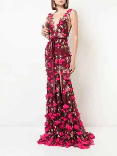 Shop Marchesa Notte Holiday 2018  Sleeveless V Neck Embroidered Gown In Wine