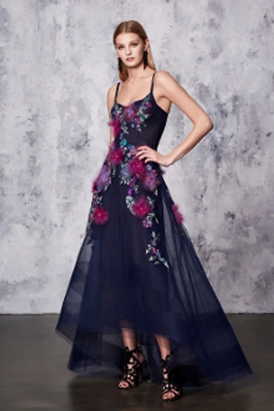 Shop Marchesa Notte Navy Blue Sleeveless High-low Gown N18g0450