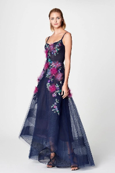 Shop Marchesa Notte Navy Blue Sleeveless High-low Gown N18g0450