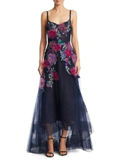 Shop Marchesa Notte Navy Blue Sleeveless High-low Gown N18g0450