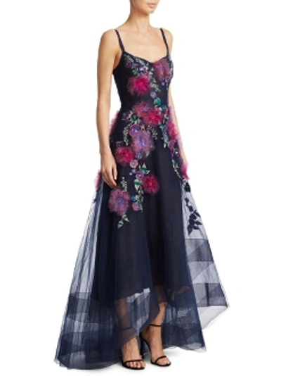 Shop Marchesa Notte Navy Blue Sleeveless High-low Gown N18g0450