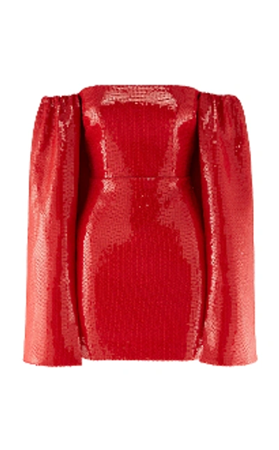 Shop Alex Perry Maxen-sequin Off Shoulder Cape Mini Dress In Red