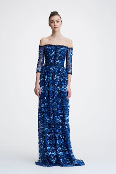 Shop Marchesa Notte Holiday 2018  Off The Shoulder Floral Embroidered Gown In Navy