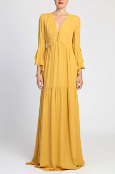 Shop Badgley Mischka Yellow 3/4 Sleeve Maxi Dress In Turmeric