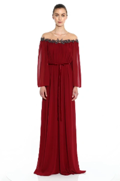 Shop Marchesa Notte Resort 2020  Chiffon Billowy Caftan In Burgundy