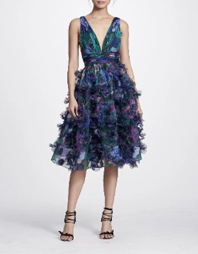Shop Marchesa Notte Fall/winter 2018  Sleeveless 3d Floral Embroidered Cocktail Dress In Emerald