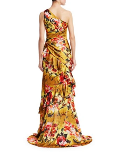 Shop Theia One Shoulder Ruffled Floral Evening Gown