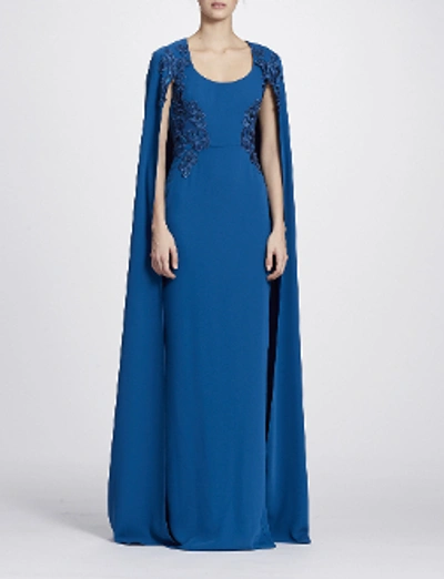 Shop Marchesa Notte Fall/winter 2018  Sequin Embroidered Cape Gown In Peacock Blue