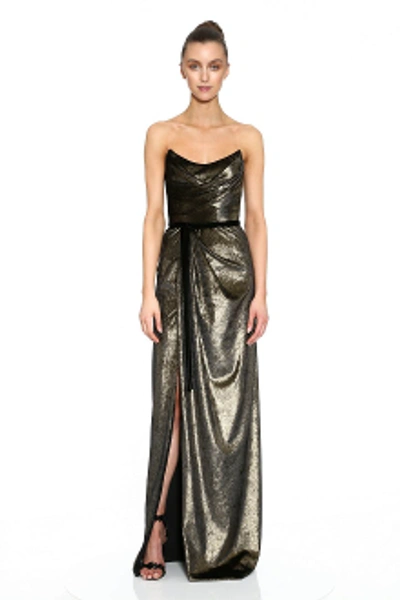 Shop Marchesa Notte Strapless Foiled Velvet Gown